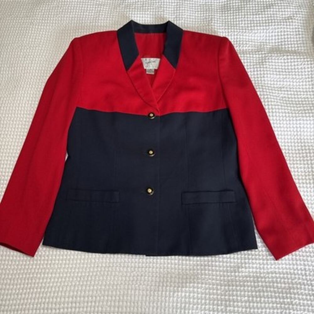 Jacqueline Ferrar Blazer Jacket Red Navy Blue Color Block Womens 8P Petite Vtg
